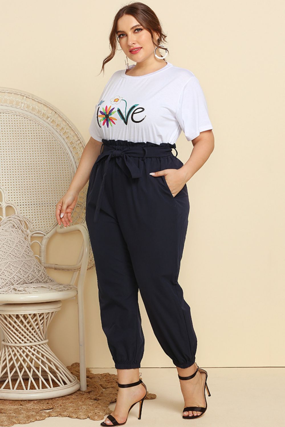 Graphic Tee and Belted Paperbag Joggers Set