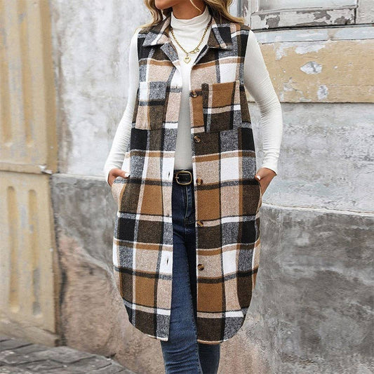 Plaid Vest With Lapel Collar And Long Length