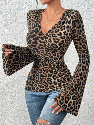 Leopard Surplice Flare Sleeve Top