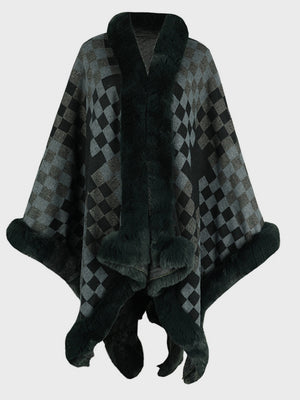 Chic Checkered Fur-Trim Poncho