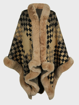 Chic Checkered Fur-Trim Poncho