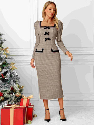 Bow Plaid Square Neck Puff Sleeve Dress