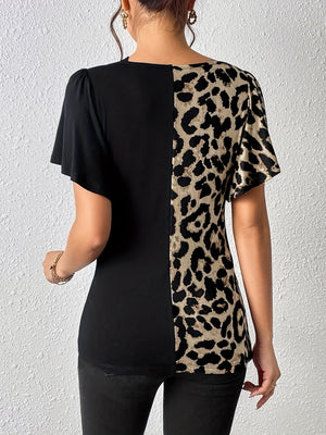 Ruched Leopard Flutter Sleeve T-Shirt