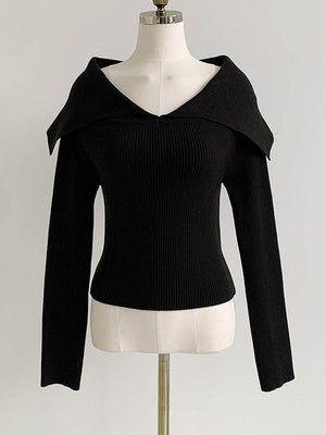 UZ Wholesale Store - Solid Color Long Sleeves Skinny Lapel Sweater Tops Pullovers