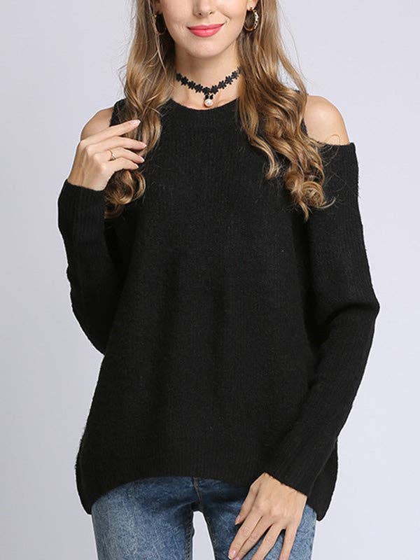 UZ Wholesale Store - Hollow Solid Color Long Sleeves Loose Round-neck Sweater Tops Pullovers Knitwear