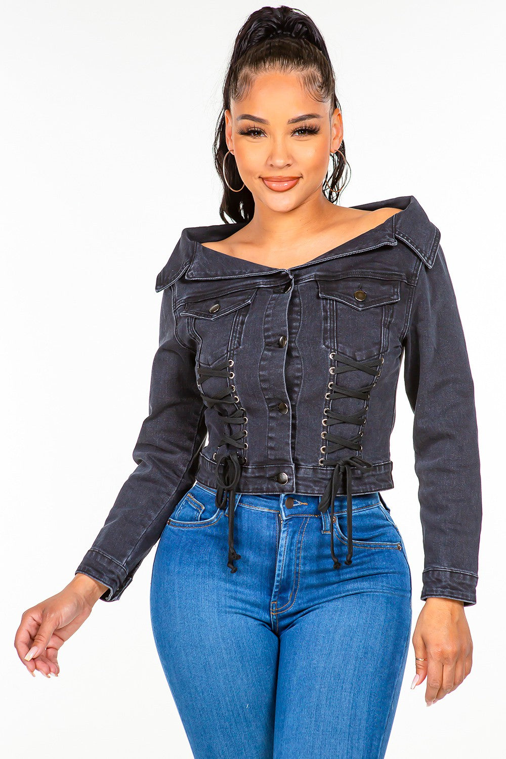 Edgy Lace-Up Off Shoulder Denim Jacket