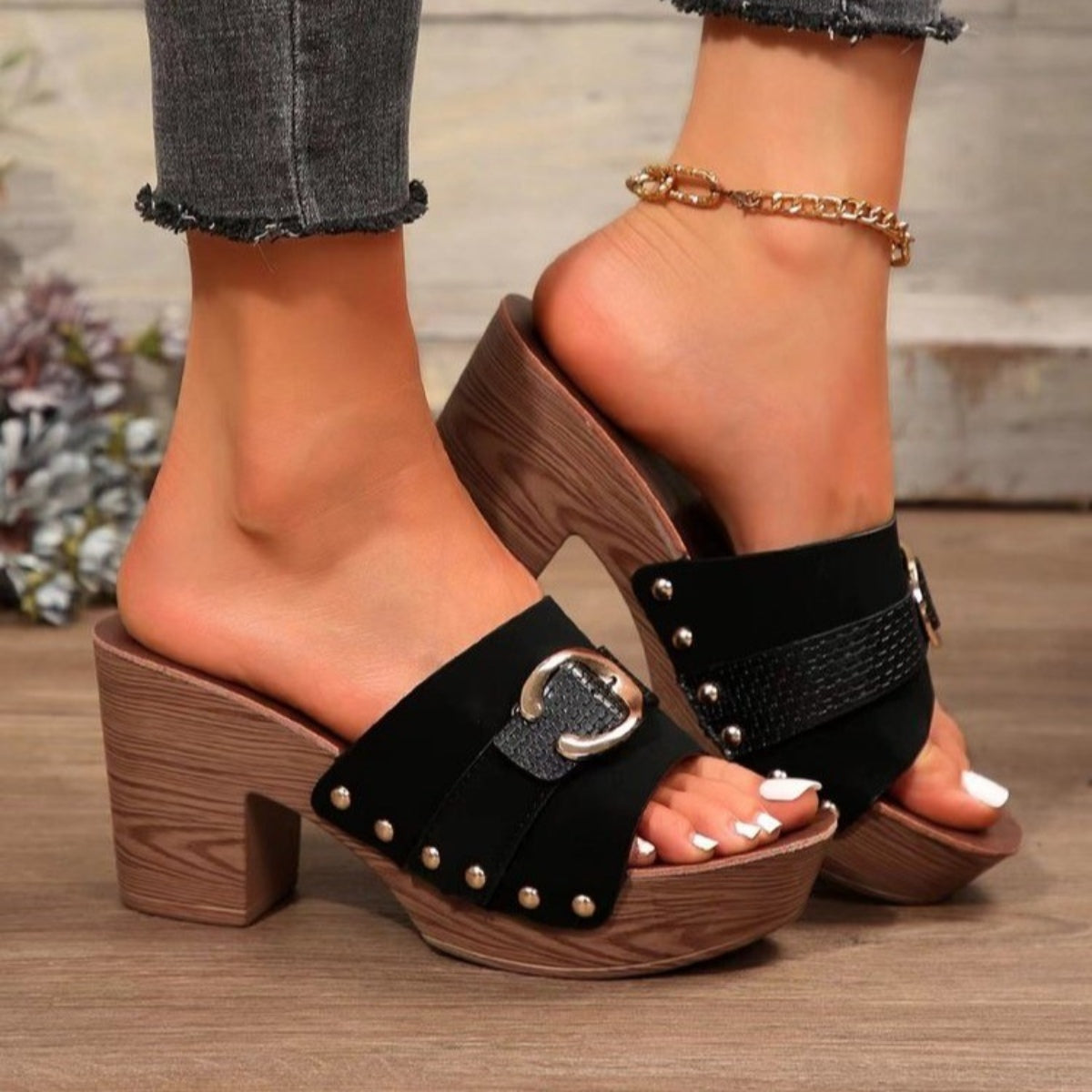 Sleek Buckle Wedge Mules