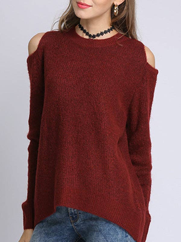 UZ Wholesale Store - Hollow Solid Color Long Sleeves Loose Round-neck Sweater Tops Pullovers Knitwear