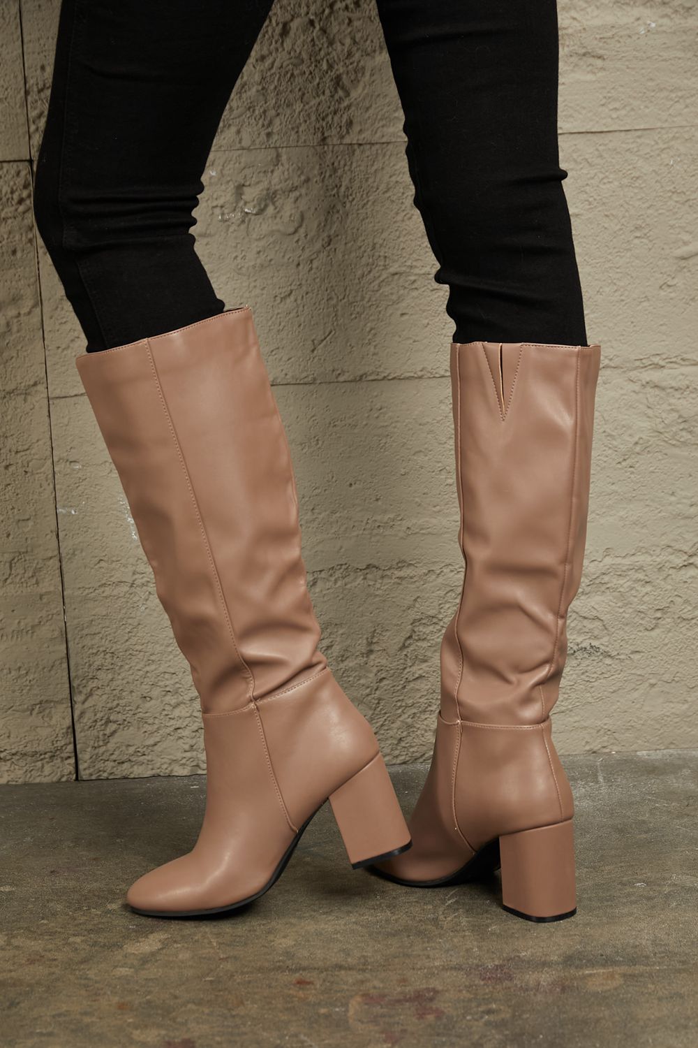 Camel Luxe Block-Heel Boots