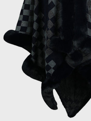 Chic Checkered Fur-Trim Poncho