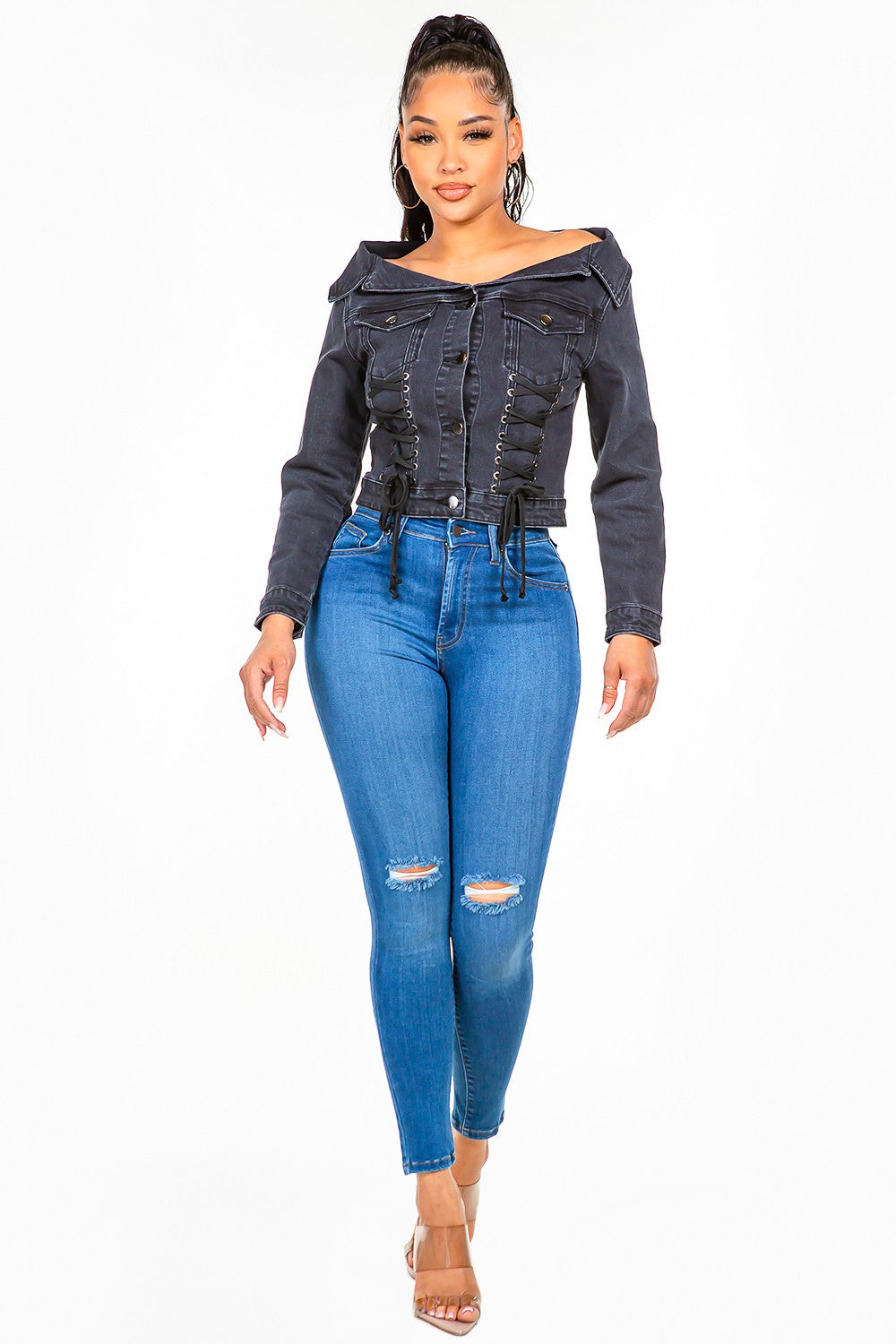 Edgy Lace-Up Off Shoulder Denim Jacket
