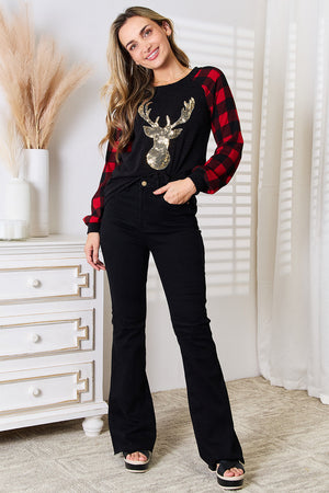 Sequin Reindeer Plaid Sweater