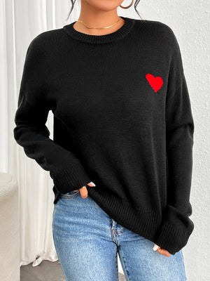 Heart Round Neck Long Sleeve Sweater