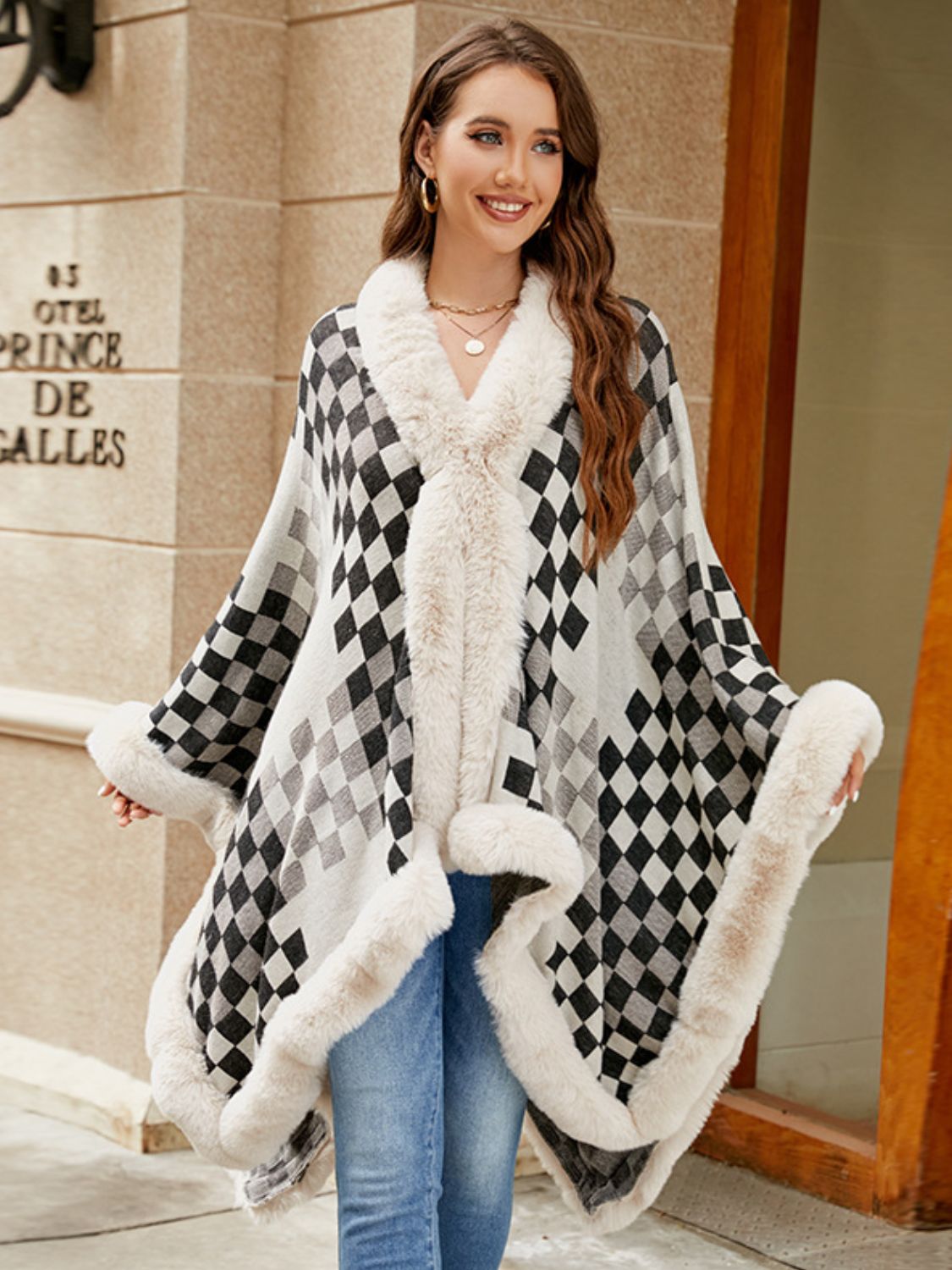 Chic Checkered Fur-Trim Poncho