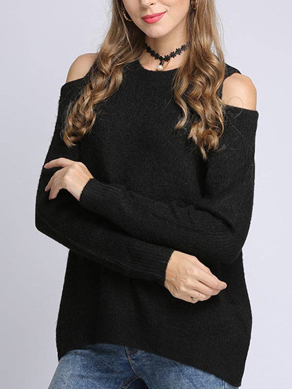 UZ Wholesale Store - Hollow Solid Color Long Sleeves Loose Round-neck Sweater Tops Pullovers Knitwear