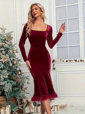 Velvet Elegance Feather Hem Dress