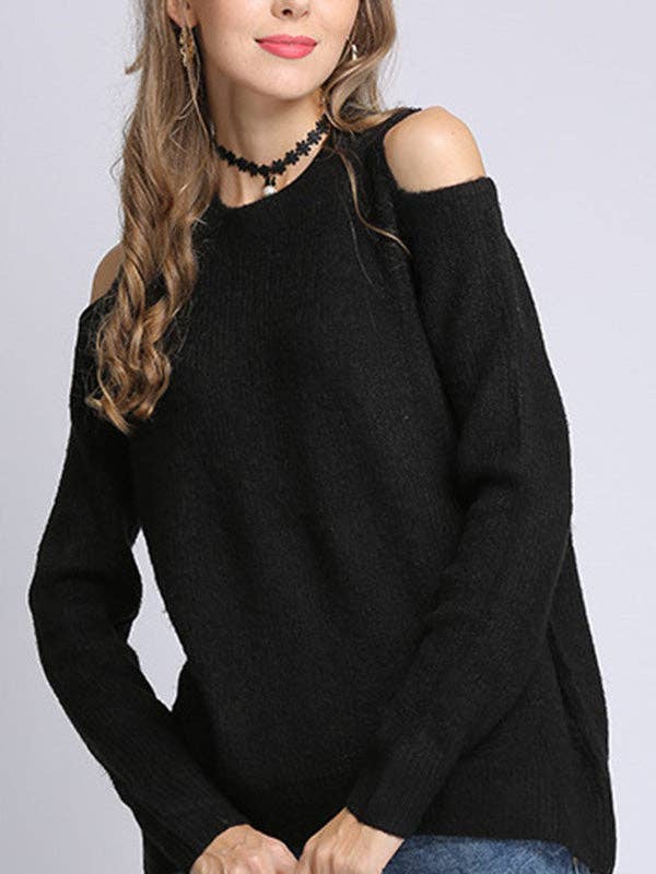 UZ Wholesale Store - Hollow Solid Color Long Sleeves Loose Round-neck Sweater Tops Pullovers Knitwear