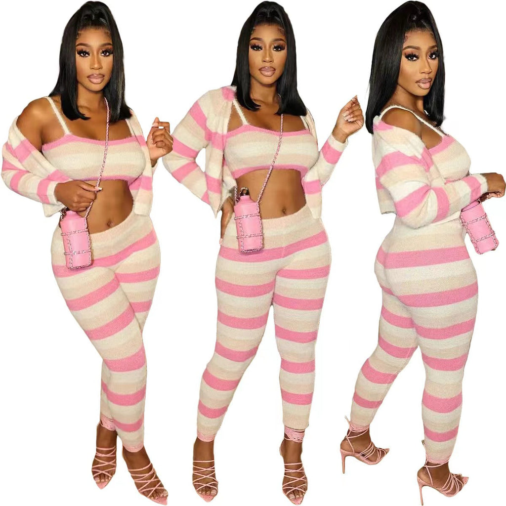 STRIPPED KNIT 3PC FITTED PANTS SET - PINK