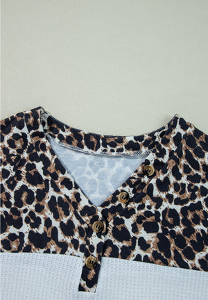 Waffle-Knit Leopard V-Neck Long Sleeve Blouse