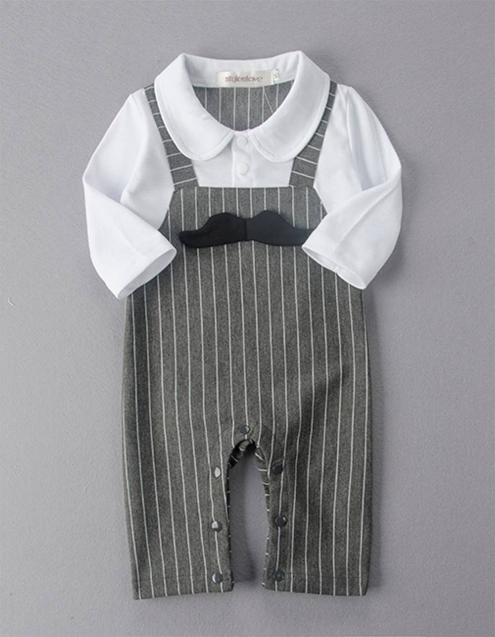 Fennco Styles - Grey & White Mustache Striped Baby Romper & Hat
