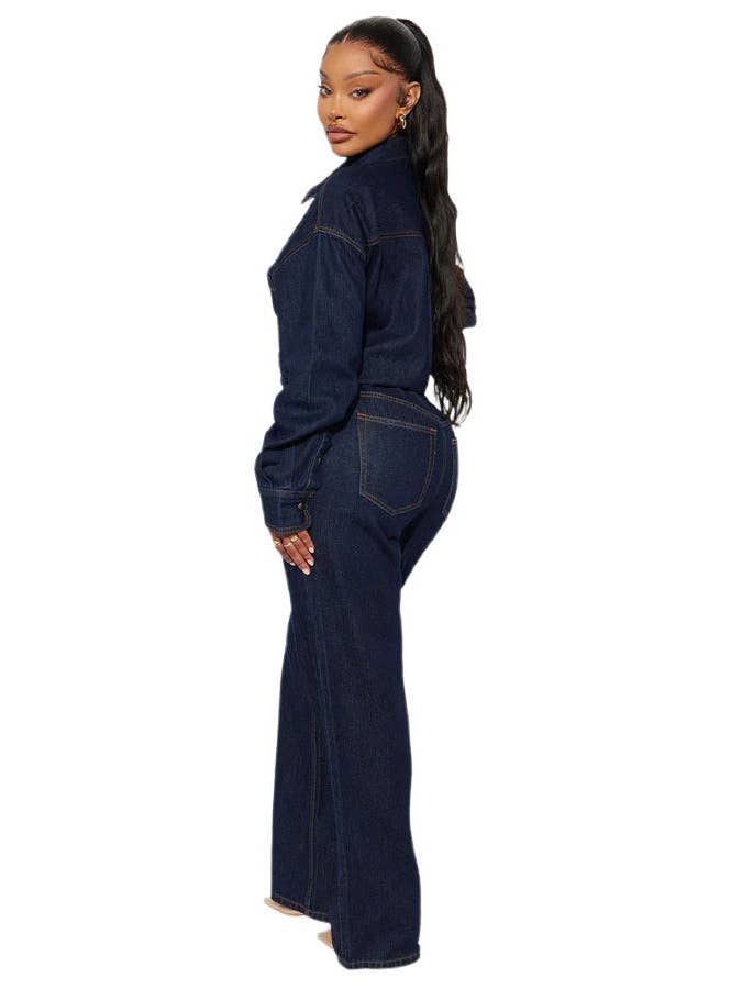 Women Fashion Denim Long Sleeves Jumpsuit