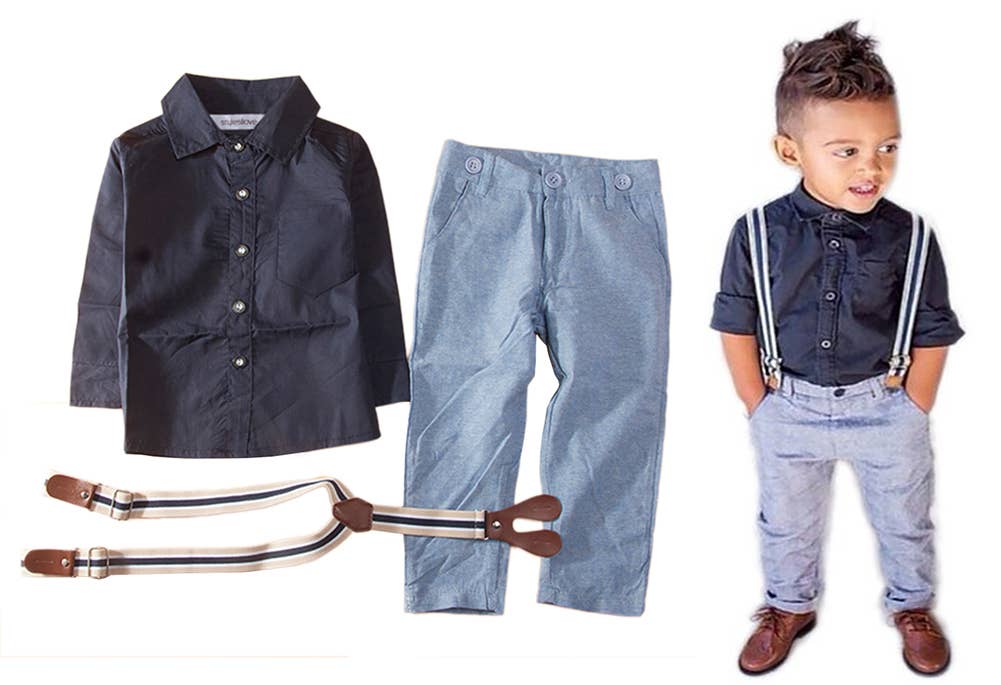 Fennco Styles - Blue Little Boy Button Down Shirt, Suspender Straps & Pants
