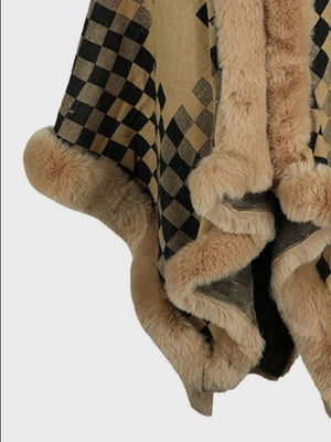 Chic Checkered Fur-Trim Poncho