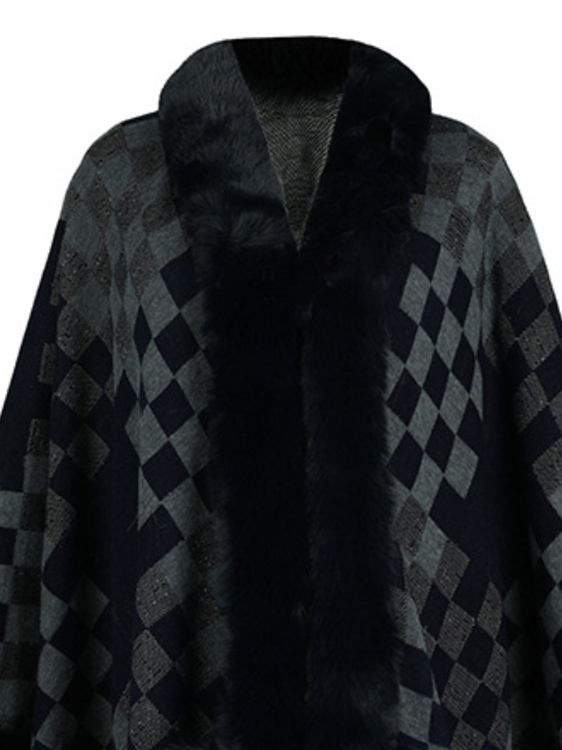 Chic Checkered Fur-Trim Poncho