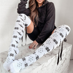 Noel Knit Bowknot Trim Over Knee Stockings