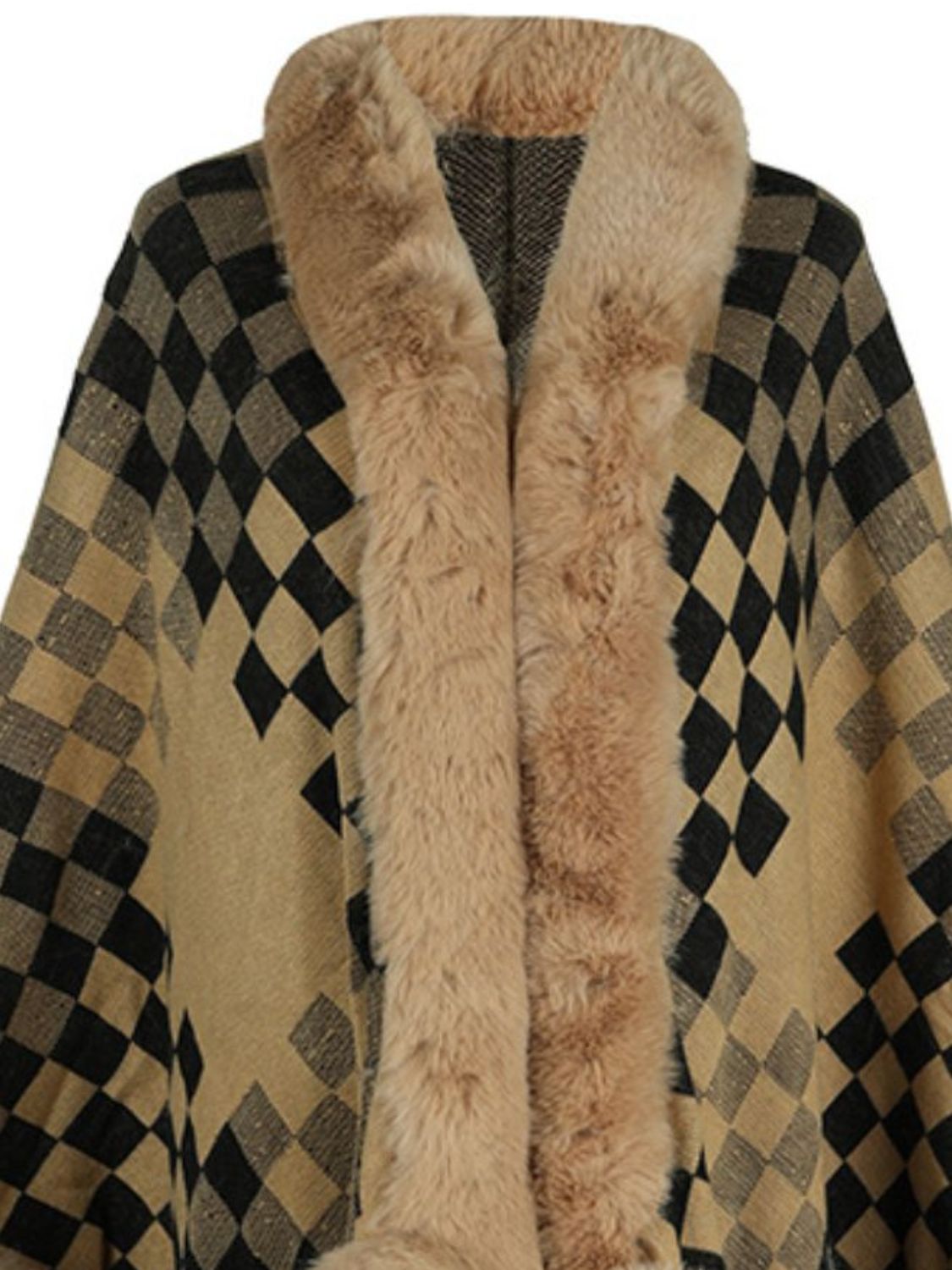 Chic Checkered Fur-Trim Poncho