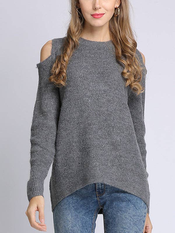 UZ Wholesale Store - Hollow Solid Color Long Sleeves Loose Round-neck Sweater Tops Pullovers Knitwear