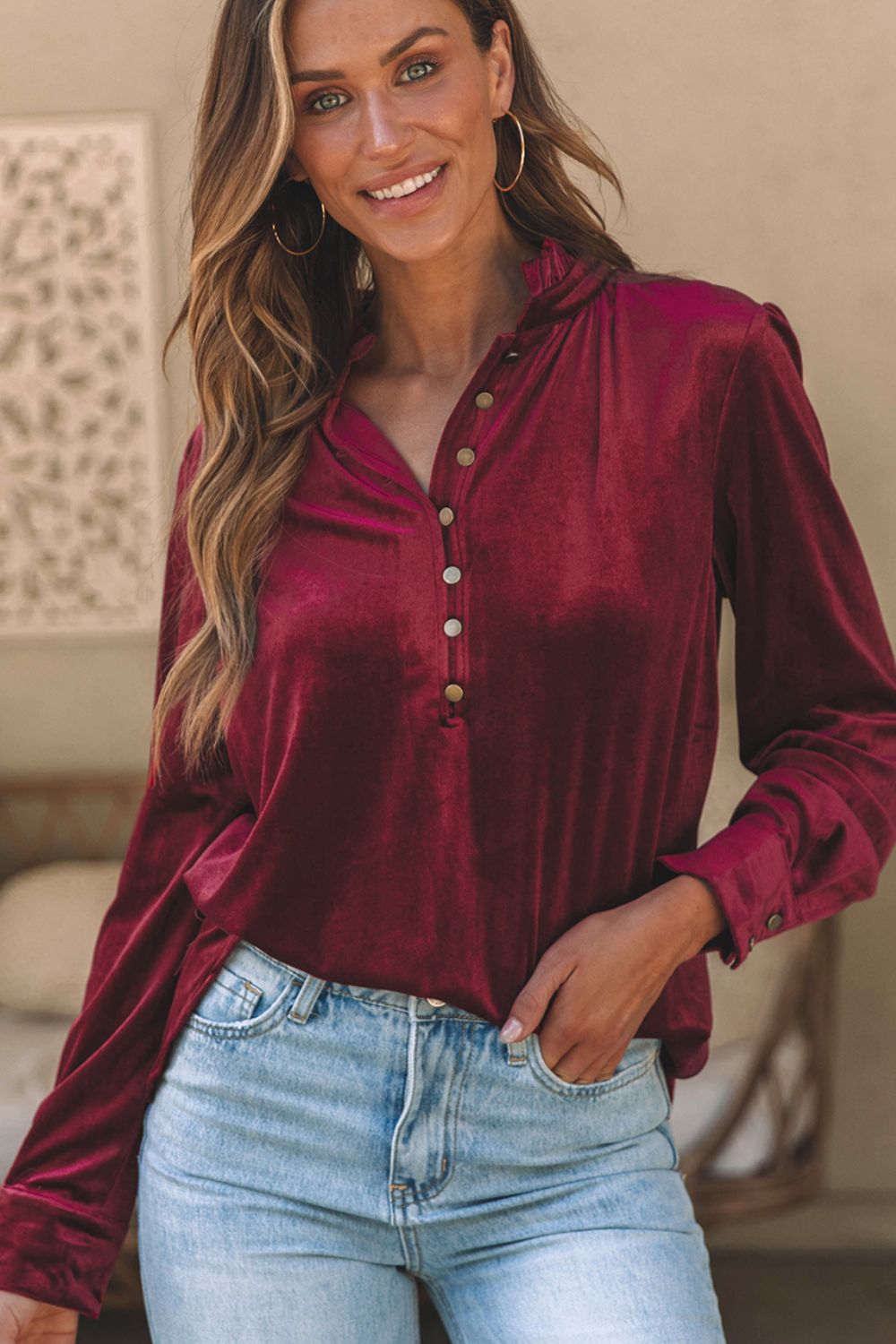 Velvet Button-Up Long Sleeve Blouse