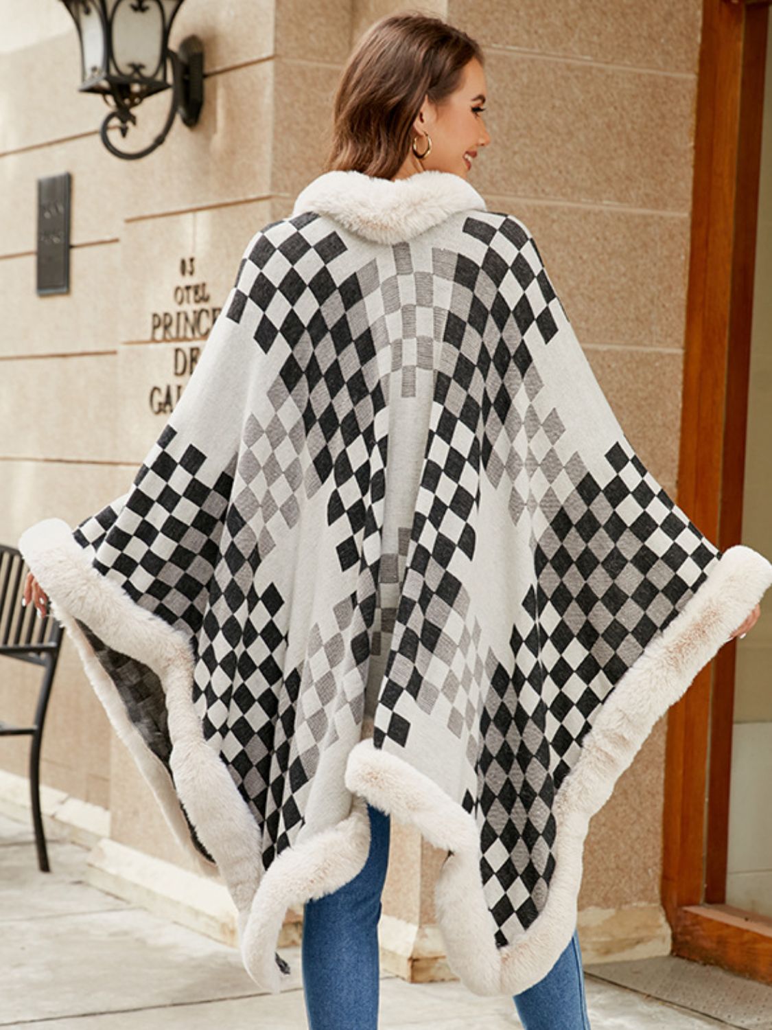 Chic Checkered Fur-Trim Poncho