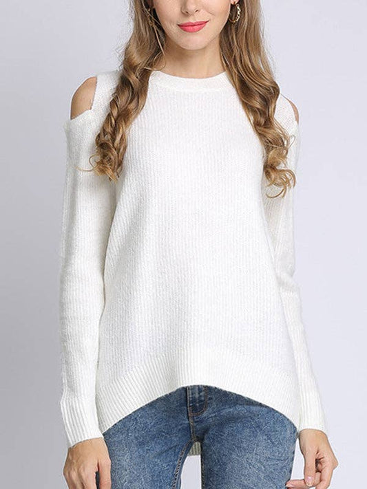 UZ Wholesale Store - Hollow Solid Color Long Sleeves Loose Round-neck Sweater Tops Pullovers Knitwear