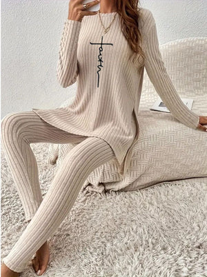 Side Slit Round Neck Long Sleeve Top and Pants Set