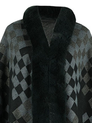 Chic Checkered Fur-Trim Poncho