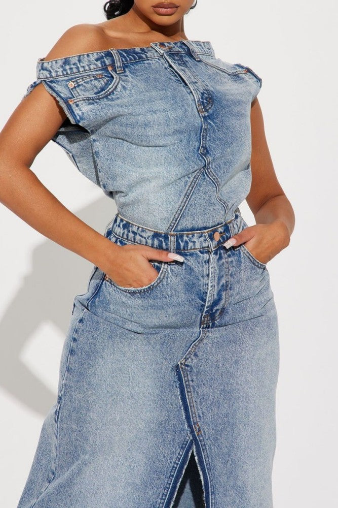 OFF-THE-SHOULDER VINTAGE DENIM SKIRT SUIT TWO-PIECE SET