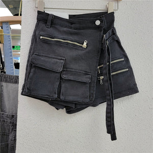 IRREGULAR MULTI-POCKET A-LINE DENIM SKORT