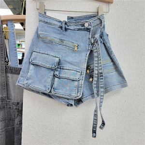 IRREGULAR MULTI-POCKET A-LINE DENIM SKORT