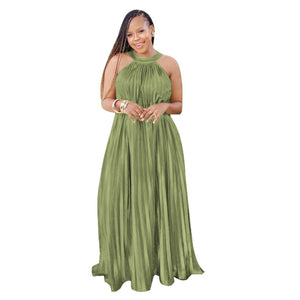 SLEEVELESS OFF SHOULDER SIMULATED SILK PLEATED LARGE SWING DRESS