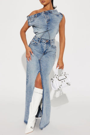 OFF-THE-SHOULDER VINTAGE DENIM SKIRT SUIT TWO-PIECE SET