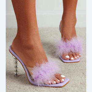 HIGH HEEL FURRY FASHION SLIPPERS SANDALS