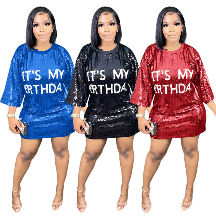 SEQUIN "IT'S MY BIRTHDAY" LETTER PRINT DRESS