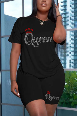 RHINESTONE STYLE QUEEN 2PC BIKER SHORT SET