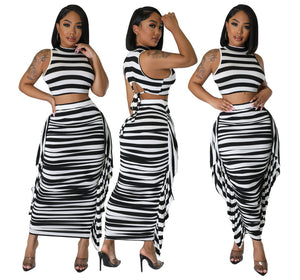 BLACK AND WHITE STRIPED RUFFLED SKIRT TWO-PIECE SET