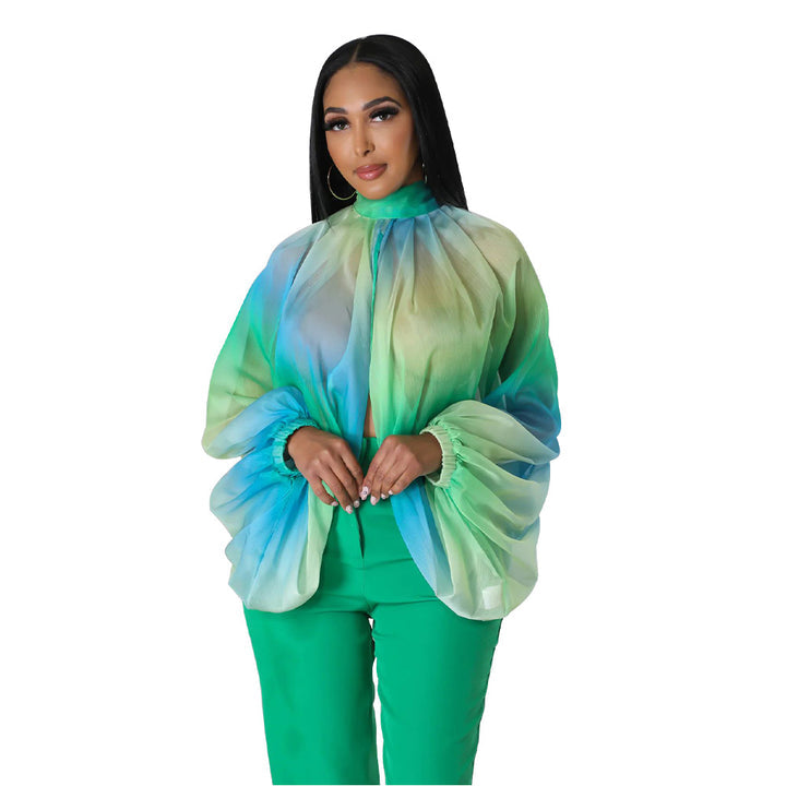 LACE PRINTING CHIFFON SHIRT BATWING SLEEVE TOP