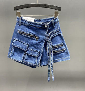 IRREGULAR MULTI-POCKET A-LINE DENIM SKORT