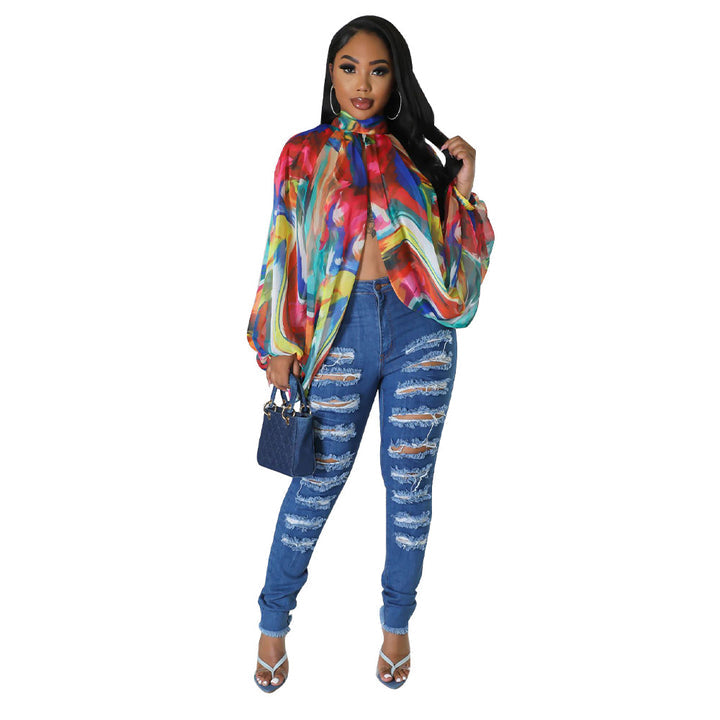 LACE PRINTING CHIFFON SHIRT BATWING SLEEVE TOP