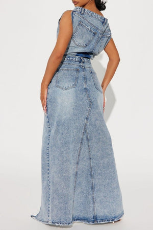 OFF-THE-SHOULDER VINTAGE DENIM SKIRT SUIT TWO-PIECE SET