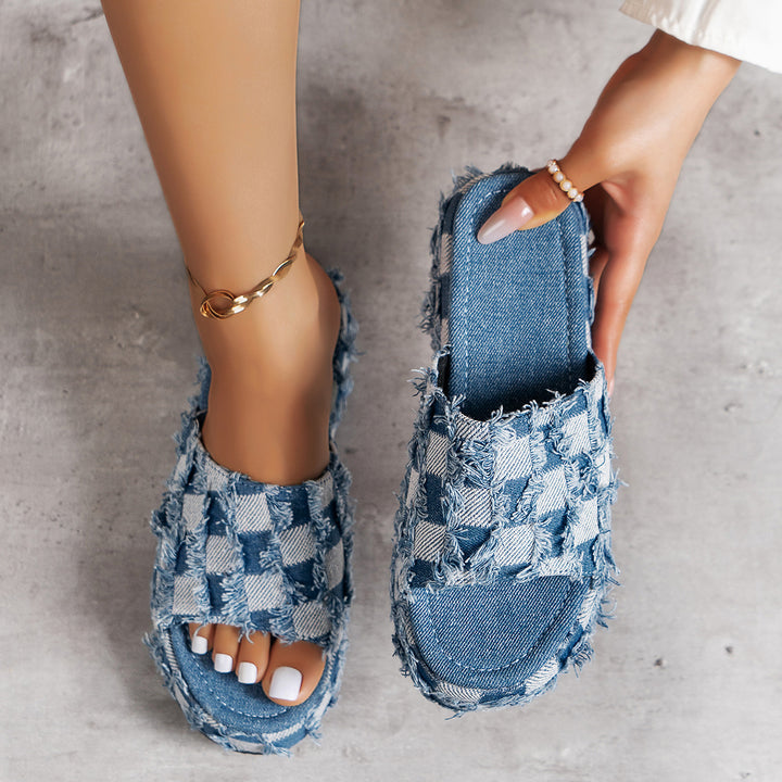 CHESSBOARD PLAID DENIM PLATFORM MID HEEL SLIPPERS